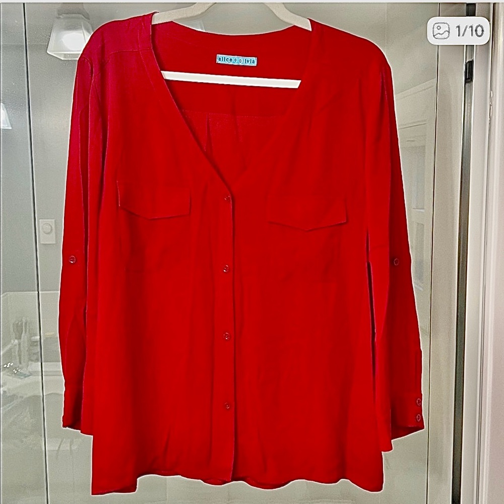 Alice + Olivia Red V Neck Silk Button Down Blouse